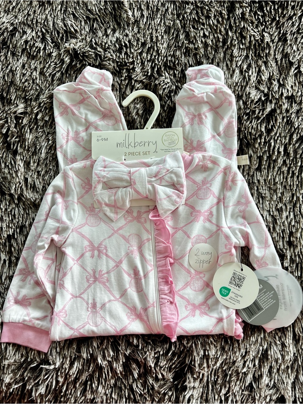NWT Milkberry Bamboo Pink and White Print Onesie- Ruffle Butt and Matching Bow